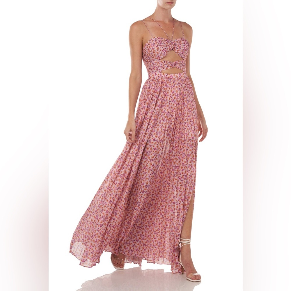 amur lana orchid hush ditsy floral cutout strappy maxi length formal gown